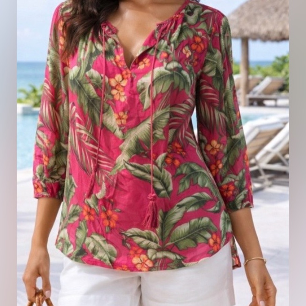 Tommy Bahama Beau Jardin Silk Blend Tassel Blouse Sz XS
